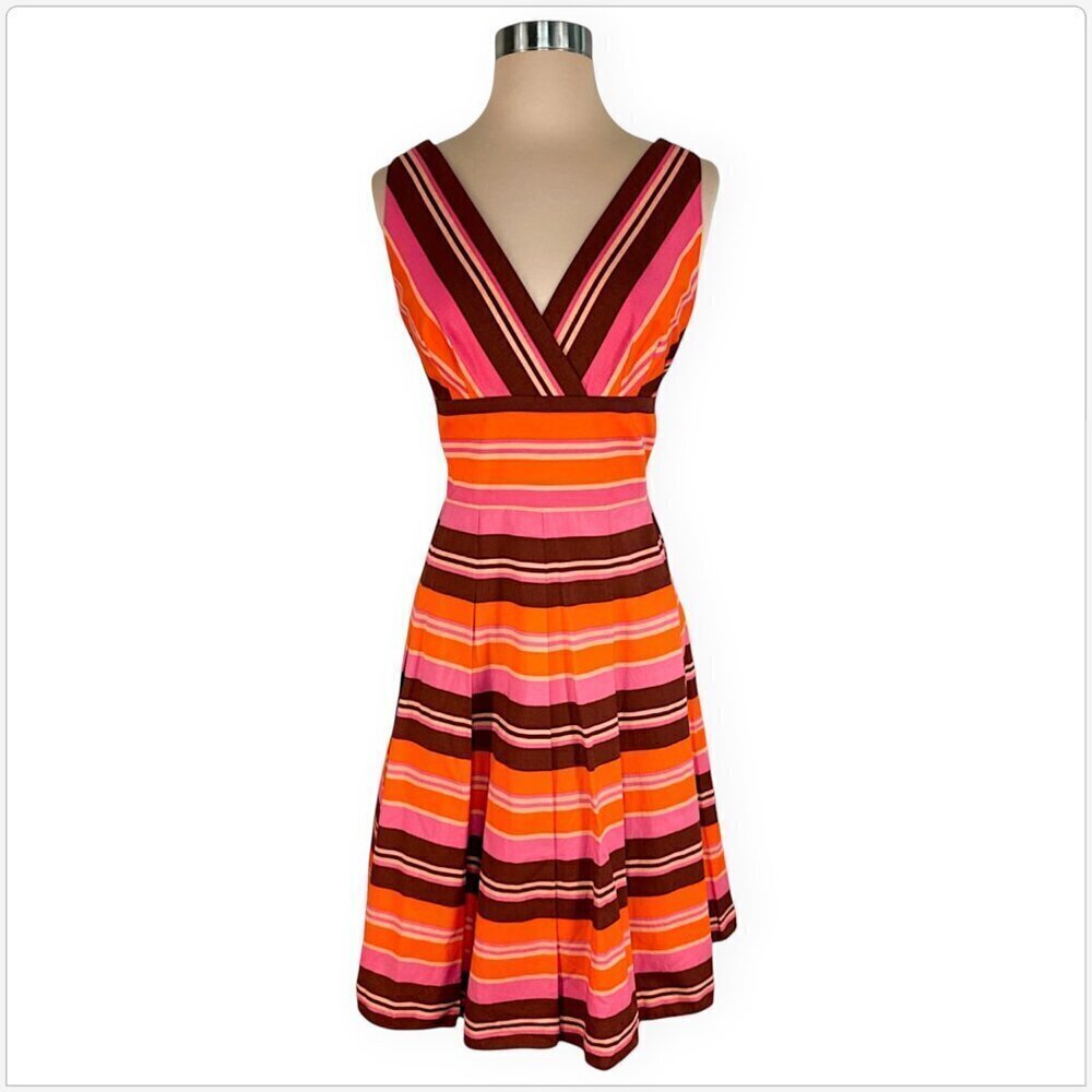 Kay Unger Orange Pink Brown Stripe Striped Fit Flare Summer Sundress NWT New 8